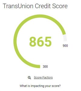 My Current TransUnion Credit Score equals 865 in the range from 300 to 900