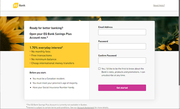 EQ Bank New Account Sign Up Screen